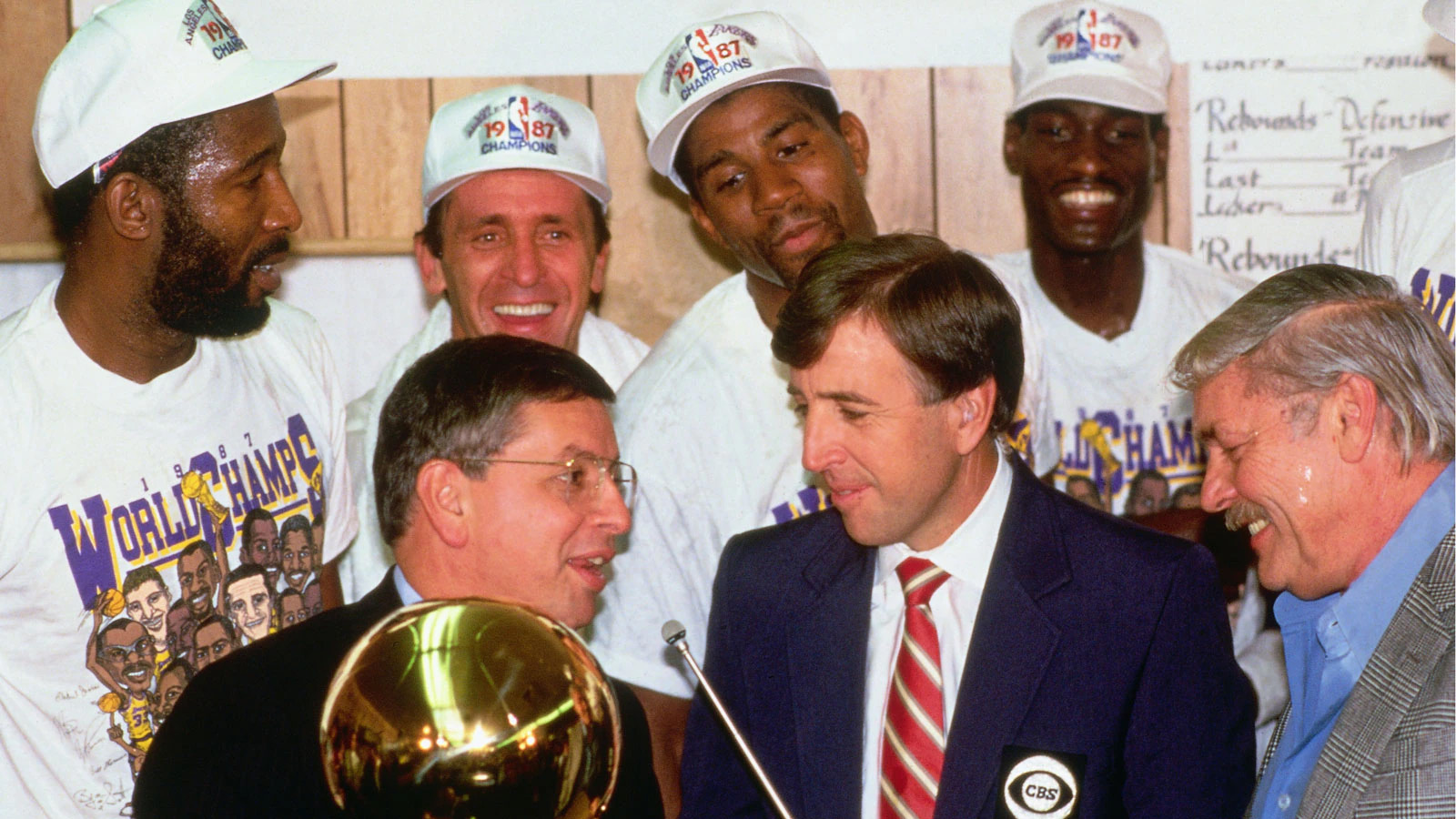 Worthy, Riley, Magic, Cooper, and Buss Celebrate the 1987 Title