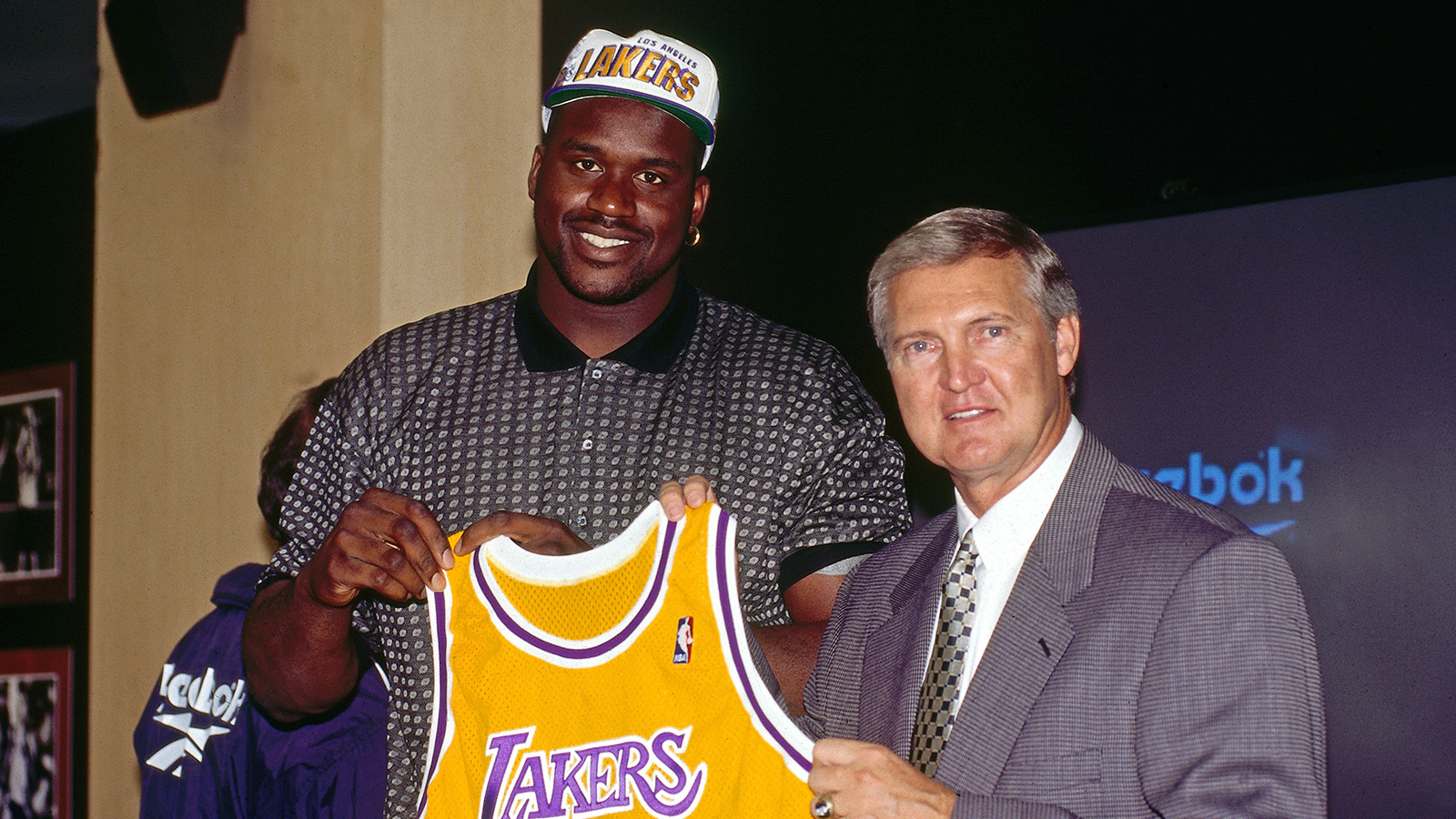 West introduces Shaq as a Los Angeles Laker