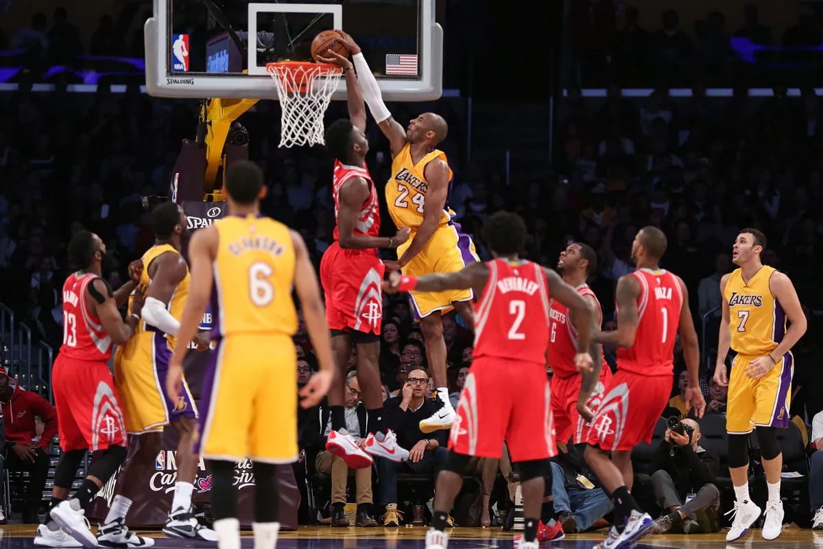Kobe turns back the clock as he rises for the posterizing dunk over Houston center Clint Capela