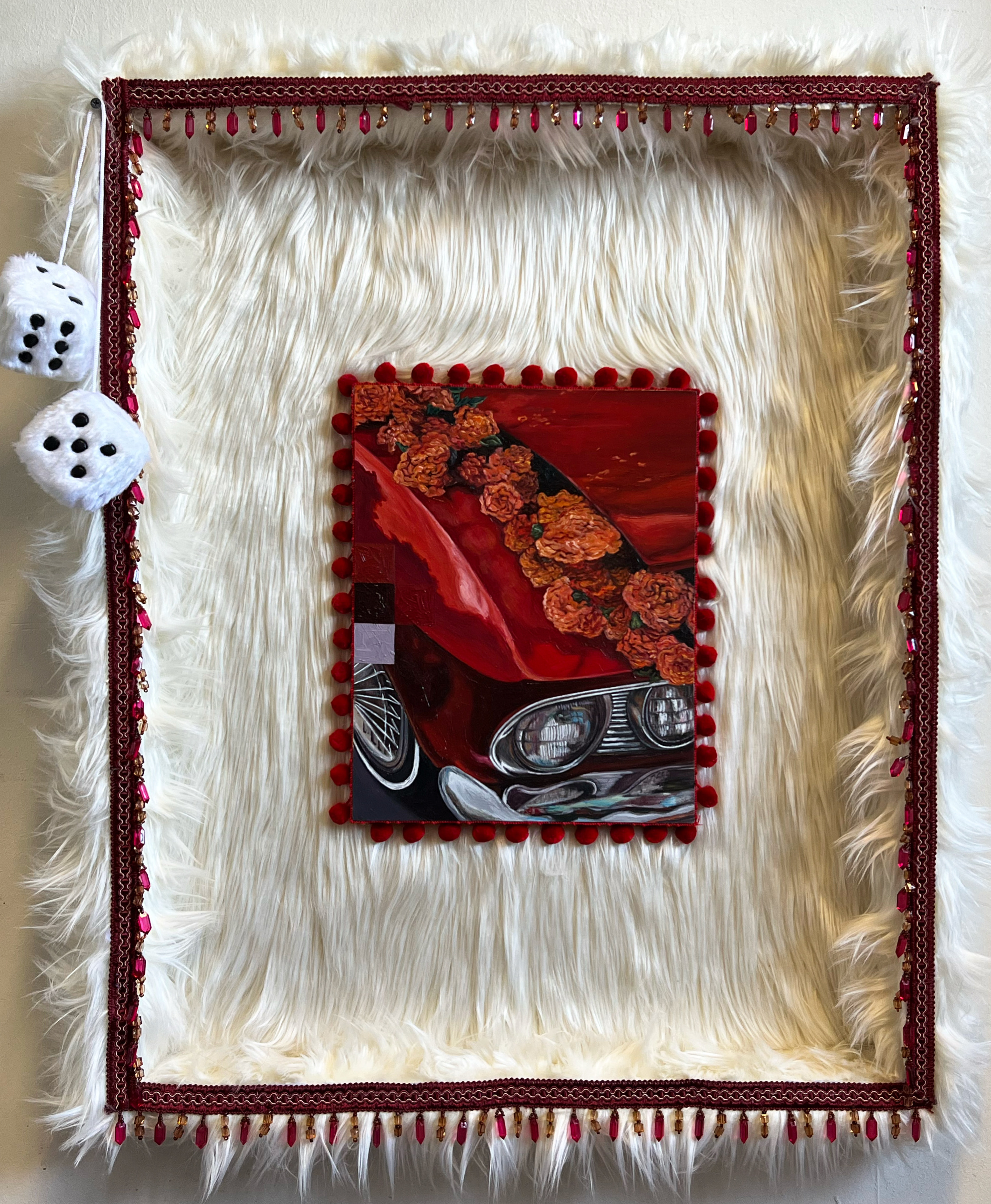 Jacqueline Valenzuela - En Tu Recuerdo Burgundy Amber Jeweled Fringe Color Pencil Faux Fur Fuzzy Dice Red Pom Pom Fringe